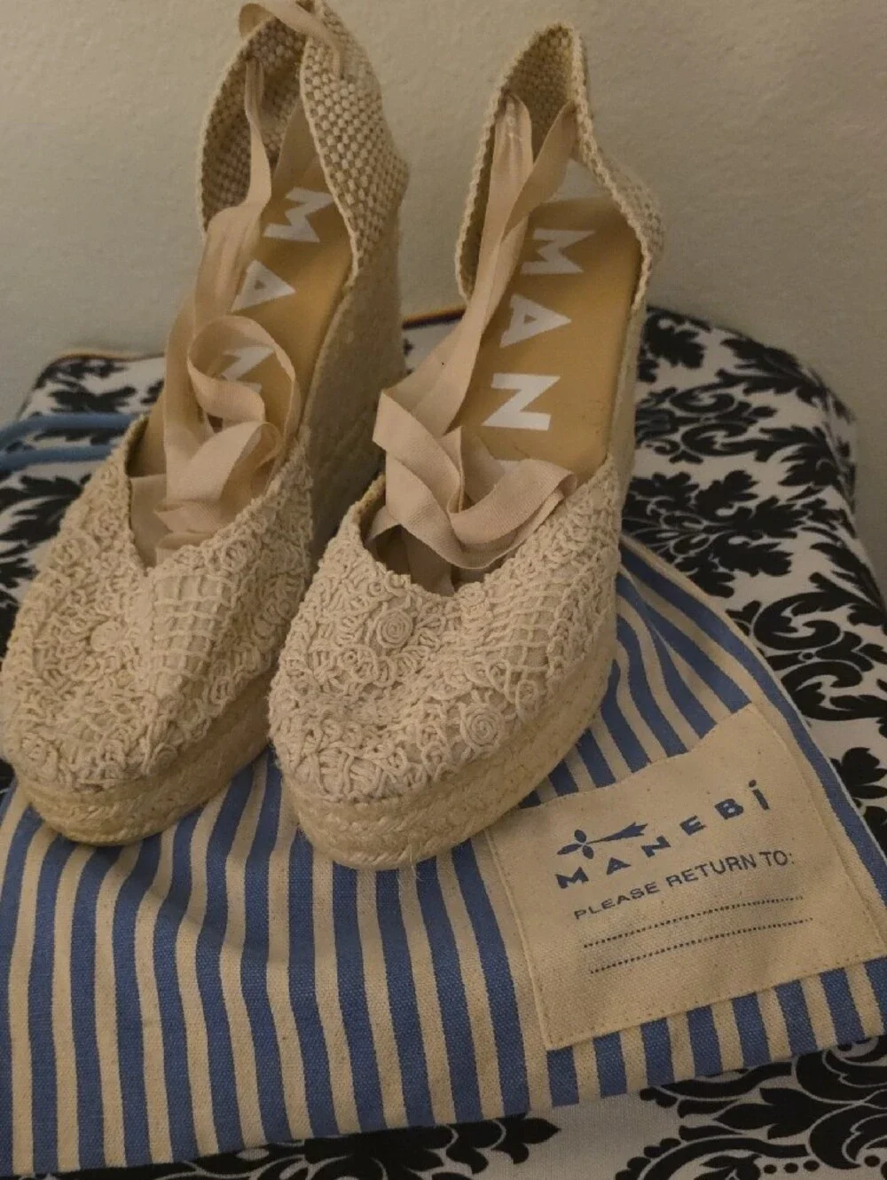 Manebi Women's Yukatan (Natural) Cotton Crochet Wedge Espadrilles US Size 11